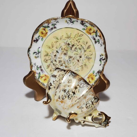 Napco Small Cup and Saucer Yellow Roses Hand Painted Opalescent Vintage - Picture 9 of 10